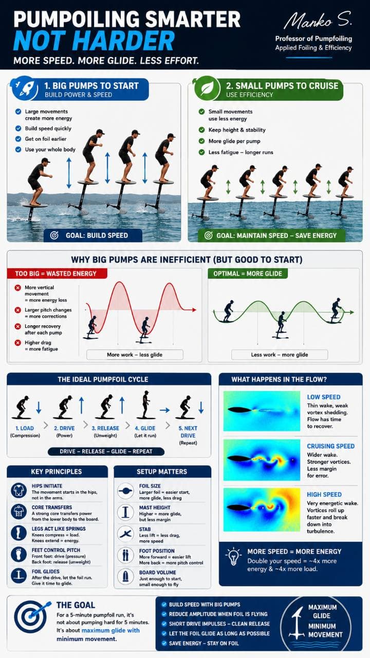 Infographic: big pumping movements to accelerate, small movements to cruise, and the ideal pump foil cycle